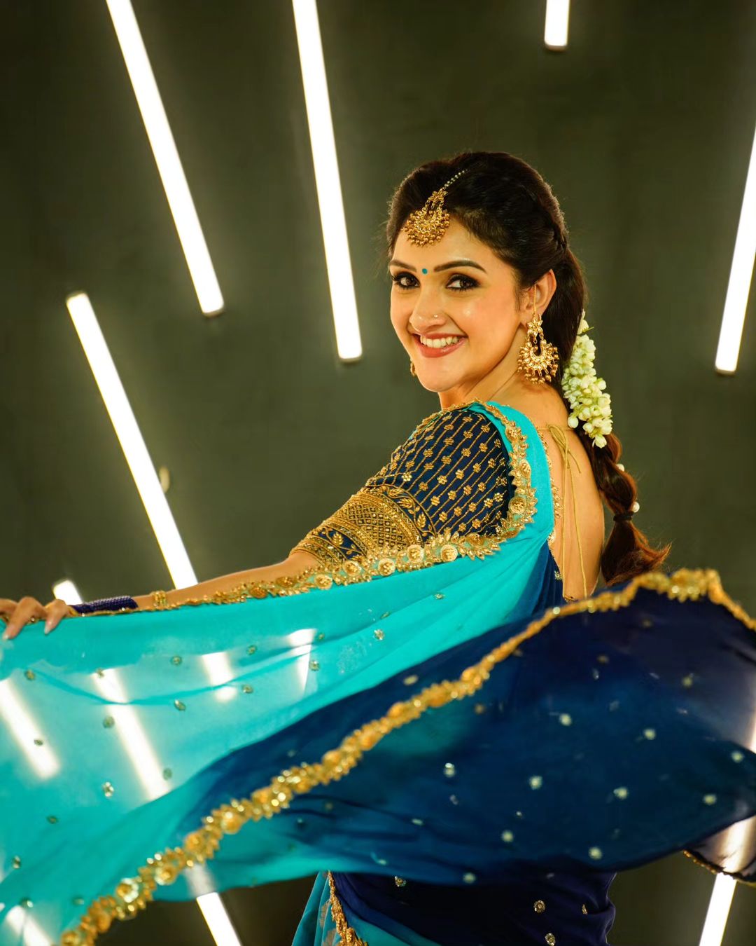 Telugu Tv Actress Sridevi Vijaykumar in Sky Blue Lehenga Choli